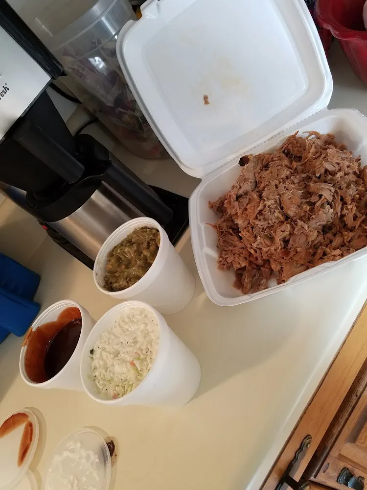 Pulled Pork 2lbs Extra Sauce Cole Slaw and Potato Salad